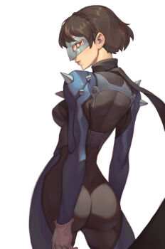Rule 34 | 1girl, ass, breasts, brown hair, closed mouth, commentary, cowboy shot, english commentary, eye mask, from behind, highres, mask, metal mask, mick cortes, niijima makoto, persona, persona 5, short hair, solo, white background
