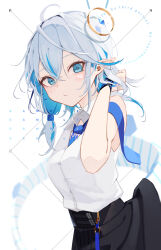Rule 34 | 1girl, absurdres, bare shoulders, black skirt, blue eyes, blue hair, closed mouth, collared shirt, commentary, commission, dress shirt, english text, grey hair, hair between eyes, hand in own hair, hand up, highres, long hair, looking at viewer, low twintails, mayogii, multicolored hair, original, pointy ears, sample watermark, shirt, skeb commission, skirt, sleeveless, sleeveless shirt, solo, streaked hair, tail, twintails, two-tone hair, watermark, white background, white shirt