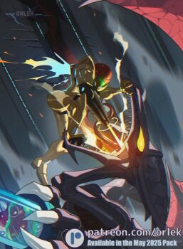 1girl arm_cannon armor assault_visor claws colored_sclera fighting green_visor holding metroid metroid_(creature) metroid_larva monster nintendo normal_suit_(metroid) open_mouth orlek power_armor power_suit_(metroid) ridley samus_aran sharp_teeth super_metroid teeth weapon wings yellow_eyes yellow_sclera