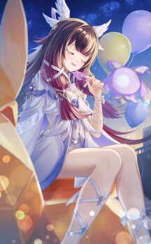 Rule 34 | 1girl, absurdres, balloon, black hair, candy, candy cane, choker, closed eyes, collarbone, columbina (genshin impact), commentary request, dress, feathered wings, feet out of frame, food, genshin impact, gradient hair, hair ribbon, highres, holding, holding candy, holding candy cane, holding food, long hair, multicolored hair, multiple wings, night, open mouth, outdoors, pink hair, pink petals, ribbon, sitting, smile, solo, very long hair, white choker, white dress, white ribbon, wings, yuno kaihara