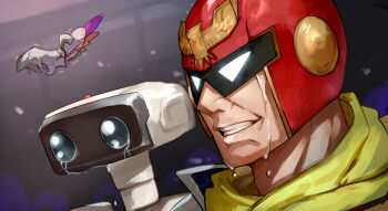 1boy captain_falcon commentary_request crying crying_with_eyes_open dragoon_(kirby) f-zero family_computer_robot grin helmet highres kirby_(series) nintendo robot scarf shiburingaru smile super_smash_bros. tears yellow_scarf