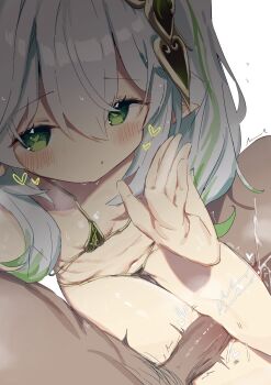 1boy 1girl arm_up bikini blush breasts clothed_female_nude_male clothed_sex cum ejaculation erection from_above genshin_impact gradient_background green_bikini green_eyes green_hair groin hair_ornament happy_sex heart hetero highres liely loli long_hair looking_at_viewer looking_up micro_bikini nahida_(genshin_impact) navel nude penis pointy_ears pov side_ponytail simple_background sitting sitting_on_lap sitting_on_person small_breasts solo_focus stomach sweat swimsuit thigh_gap thigh_sex thighs uncensored white_hair