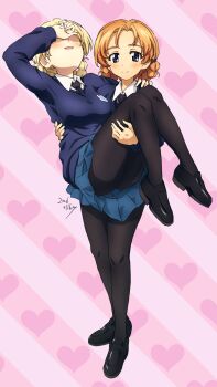 Rule 34 | 2girls, absurdres, anime coloring, black necktie, black shoes, blonde hair, blue eyes, blue skirt, blue sweater, blush, braid, carrying, closed mouth, collared shirt, commentary request, darjeeling (girls und panzer), diagonal-striped background, dress shirt, emblem, erakin, full body, girls und panzer, hand on own forehead, heart, heart background, highres, loafers, long sleeves, looking at viewer, multiple girls, necktie, orange hair, orange pekoe (girls und panzer), pantyhose, pink background, pleated skirt, princess carry, school uniform, shirt, shoes, short hair, signature, skirt, smile, split mouth, standing, striped background, sweater, thighs, v-neck