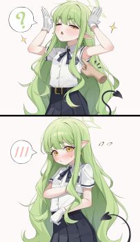 1boy 1girl ? alternate_costume belt black_skirt blue_archive blush breasts demon_tail gloves hikari_(blue_archive) index_finger_raised long_hair pointy_ears simple_background skirt small_breasts tail um_111 wavy_hair white_background white_gloves white_hair