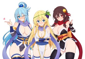Rule 34 | 3girls, absurdres, alternate costume, aqua (konosuba), arms under breasts, averting eyes, black kimono, black thighhighs, blonde hair, blowing kiss, blue eyes, blue hair, blue kimono, blue scarf, blush, braid, breasts, brown hair, cleavage, commission, dullahan (alekey art), food-themed hair ornament, grape hair ornament, hair ornament, hair rings, heart, highres, iris (konosuba), japanese clothes, kimono, kono subarashii sekai ni shukufuku wo!, large breasts, long hair, looking at viewer, low twintails, medium breasts, multiple girls, ninja, one eye closed, parted lips, pixiv commission, red eyes, red scarf, scarf, short hair, short kimono, side braid, side slit, simple background, smile, strapless kimono, thighhighs, twintails, white background, white kimono, white thighhighs, yunyun (konosuba)