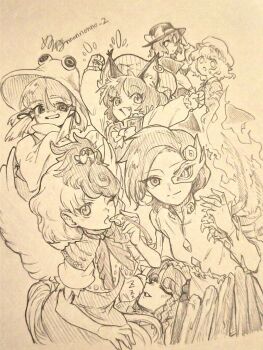 6+girls animal animal_ear_piercing animal_ears animal_on_head artist_name baby_animal bird bird_on_head blush bow bowtie braid cat_ears chen chick closed_mouth commentary_request dress earrings fang fiery_wings hair_ribbon half_mask hat hat_bow hat_ornament holding holding_whistle hong_meiling hoop_earrings iwanaga_ariya jewelry long_sleeves looking_at_viewer maribel_hearn mask mask_over_one_eye menotama mob_cap moriya_suwako multiple_girls niwatari_kutaka on_head one_eye_closed open_mouth ribbon shirt signature single_earring skeletal_clothes skirt sleeping smile star_(symbol) star_hat_ornament touhou traditional_media usami_renko vest whistle wings