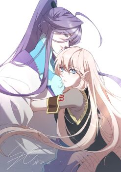 1boy 1girl absurdres ahoge arm_tattoo blue_eyes commentary_request highres hug japanese_clothes kamui_gakupo long_hair megurine_luka pink_hair ponytail purple_eyes purple_hair seria_(se_ria) tattoo vocaloid