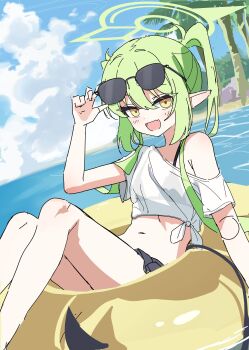 Rule 34 | absurdres, bikini visible through clothes, blue archive, demon tail, eyewear on head, fang, green hair, green halo, halo, highres, looking at viewer, nozomi (blue archive), ocean, palm tree, pointy ears, seero, shirt, sketch, swim ring, tail, tied shirt, tree, twintails, yellow eyes