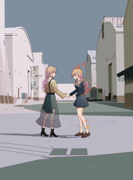 2girls absurdres bang_dream! bang_dream!_it's_mygo!!!!! black_boots blue_eyes blue_shirt blue_skirt boots brown_hair brown_shoes building burning commentary fire high_heels highres holding_hands loafers long_hair long_sleeves misaki_(xxxhackerxxxxx) mitsuketa_keshiki_tazusaete multiple_girls nagasaki_soyo outdoors pink_floyd pink_hair plaid_clothes plaid_skirt pleated_skirt shirt shoes sidelocks skirt socks suspenders sweater white_socks wish_you_were_here yellow_sweater