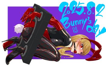 1girl absurdres anal_beads anal_tail animal_ear_hairband animal_ears ball_gag bdsm black_bodysuit blonde_hair bodysuit bodysuit_under_clothes bondage bound bound_ankles bound_wrists bpund bunny_day butt_plug commentary_request detached_collar elbow_gloves fake_animal_ears fake_tail female_focus fishnet_pantyhose fishnets full_body gag gagged gloves hairband hansei_ita high_heels highres latex latex_bodysuit leotard original pantyhose pillory playboy_bunny rabbit_ears rabbit_tail red_eyes red_gloves red_leotard restrained sex_toy shiny_clothes simple_background solo stationary_restraints stocks strapless strapless_leotard tail tamakko