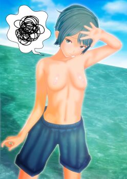 1girl 3d absurdres aqua_eyes aqua_hair arm_up artist_request blue_male_swimwear blue_sky blue_swim_trunks breasts character_request closed_mouth cloud cloudy_sky copyright_request cowboy_shot day exhibitionism female_focus highres looking_at_viewer male_swimwear male_swimwear_challenge medium_breasts nipples outdoors public_indecency sky solo source_request standing swim_trunks swimsuit topless_female water