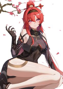 1girl arm_support bare_shoulders black_dress black_gloves black_panties black_shoes black_vest blush breasts bright_pupils brown_hairband chinese_commentary circle_facial_mark clothing_cutout commentary_request cropped_vest dress elbow_gloves facial_mark fake_claws falling_petals gloves gold_trim hair_ornament hair_stick hair_tubes hairband high_collar high_heels high_ponytail highres linea_alba long_hair looking_at_viewer mandarin_collar mark_under_both_eyes medium_breasts metal_hair_tubes panties parted_lips petals plunging_neckline ponytail pumps purple_eyes red_hair shoes short_dress single_hair_tube skin_tight solo south_rose twisted_torso underboob_cutout underwear upskirt very_long_hair vest white_pupils wuthering_waves yinlin_(wuthering_waves)