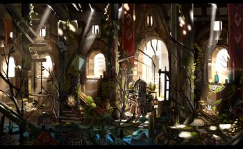 1other ambiguous_gender apokarihardcore armor banner cage commentary_request day fantasy indoors knight letterboxed original overgrown ruins scenery solo