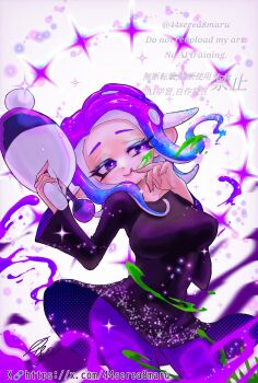 1girl 44serea8maru :q artist_name black_dress breasts closed_mouth commentary_request covered_erect_nipples dress eyelashes floating_hair highres ink large_breasts long_hair looking_to_the_side luna_blaster_(splatoon) nintendo octoling octoling_girl octoling_player_character paint pantyhose purple_eyes purple_hair purple_pantyhose short_dress smile solo sparkle splatoon_(series) splatoon_3 standing tentacle_hair tongue tongue_out twitter_username watermark web_address white_background