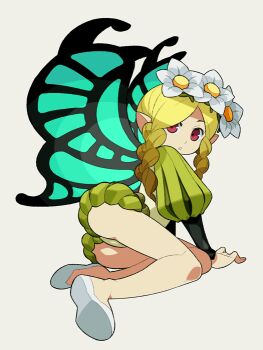 1girl archived_source bare_legs black_sleeves black_wings blonde_hair braid braided_sidelocks butterfly_wings fairy fantasy fingernails flats flower full_body green_leotard green_shorts green_sleeves green_wings hair_flower hair_ornament hair_over_one_eye hand_on_ground insect_wings itsumo_nokoru layered_sleeves legs leotard long_sidelocks long_sleeves looking_at_viewer mercedes_(odin_sphere) odin_sphere parted_bangs pointy_ears puff_and_slash_shorts puff_and_slash_sleeves puffy_shorts puffy_sleeves red_eyes shoe_soles shoes short_over_long_sleeves short_shorts short_sleeves shorts sidelocks simple_background sitting solo teeth two-tone_wings vanillaware white_background white_flower white_shoes wings yokozuwari