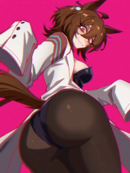 1girl absurdres adapted_costume agnes_tachyon_(tach-nology)_(umamusume) agnes_tachyon_(umamusume) ahoge animal_ears ass black_leotard black_pantyhose blush breasts brown_hair closed_mouth coat earrings fangs from_behind from_below hair_between_eyes highres horse_ears horse_girl horse_tail jewelry junoelise161 lab_coat large_breasts leotard long_sleeves nontraditional_playboy_bunny pantyhose red_eyes single_earring skin_fangs sleeves_past_fingers sleeves_past_wrists smile solo tail umamusume white_coat