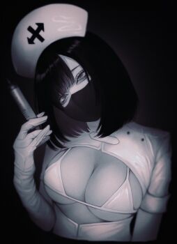 1girl bad_id bad_source bad_twitter_id black_background black_hair bra breasts cleavage cleavage_cutout clothing_cutout gloves grey_eyes hat head_tilt highres holding holding_syringe looking_at_viewer mask medium_breasts medium_hair mouth_mask nurse nurse_cap original short_sleeves simple_background solo surgical_mask syringe underwear upper_body vampire_bite yw3_fymn