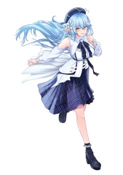 1girl absurdres ahoge beret black_boots blue_hair blue_hat blue_journey_(hololive) blue_skirt blush boots braid breasts collared_shirt commentary_request detached_sleeves elf floating_hair flower full_body gradient_hair hair_flower hair_ornament hat heart heart_ahoge highres hololive large_breasts long_skirt looking_at_viewer multicolored_hair open_mouth pink_hair plaid_clothes plaid_skirt pointy_ears running shirt simple_background skirt sleeveless sleeveless_shirt smile solo tatataecho virtual_youtuber white_background white_flower white_sleeves yellow_eyes yukihana_lamy