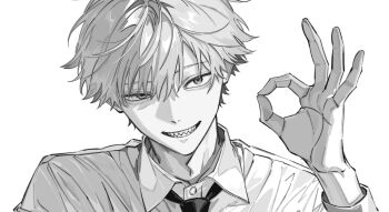 1boy artist_name chainsaw_man collared_shirt commentary_request denji_(chainsaw_man) greyscale grin highres hrak_mumi looking_at_viewer male_focus monochrome necktie ok_sign sharp_teeth shirt short_hair simple_background smile solo teeth white_background