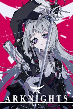 Rule 34 | 1girl, absurdres, ammunition, asymmetrical dual wielding, bandolier, belt, black gloves, capelet, character name, copyright name, dual wielding, glint, gloves, grey eyes, gun, handgun, highres, holding, holding gun, holding sword, holding weapon, iberia logo, irene (arknights), long sleeves, open mouth, puffy long sleeves, puffy sleeves, red background, red pupils, shoulder strap, sleeve cuffs, solo, sword, trigger discipline, upper body, weapon, white capelet, xueding'e de chou xiongmao