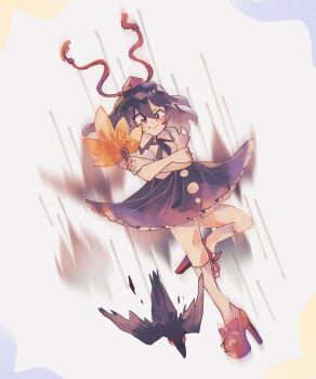 Rule 34 | 1girl, bird, black bird, black skirt, commentary, falling, full body, hat, high heels, highres, kneehighs, medium hair, motion lines, ratto (mobilis 1870), red hat, red shoes, shameimaru aya, shirt, shoes, skirt, smile, socks, solo, tengu, tokin hat, touhou, touhou hisoutensoku, white shirt, white socks