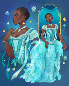 1girl artist_name bald bald_female bianca_barclay black_hair blue_dress blue_eyes blue_eyeshadow bubble dark-skinned_female dark_skin dress eyeshadow highres luztapiaart makeup multiple_views nigger the_addams_family very_dark_skin watermark wednesday_(netflix)