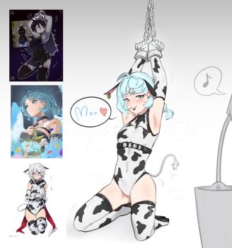 1girl ahoge animal_ears animal_print armpits arms_up blue_eyes blue_hair boots breasts bucket chained_wrists covered_navel cow_ears cow_print cow_print_gloves cow_print_leotard cow_print_thighhighs gloves gradient_background highres kneeling mole mole_on_shoulder musical_note print_gloves print_thighhighs reference_inset scrapy_(greenyscrapy) seed_(zenless_zone_zero) small_breasts spoken_musical_note steaming_body sweat thigh_boots thighhighs zenless_zone_zero