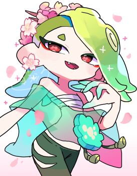 1girl cephalopod_eyes chest_sarashi earrings flower flower_earrings green_hair green_pants green_shawl hair_over_one_eye highres jewelry long_hair looking_at_viewer nintendo octoling official_alternate_color open_mouth pants pink_flower pink_petals red_eyes sarashi shawl shiver_(splatoon) simple_background smile solo splatoon_(series) splatoon_3 standing suction_cups tentacle_hair upper_body white_background yoshishi_(yosisitoho)