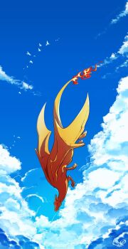 bird charizard chimo_545 cloud commentary_request dragon fiery_tail fire from_side full_body gen_1_pokemon highres lizard midair nintendo no_humans pokemon pokemon_(creature) sky smile solo tail