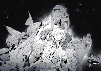 4boys 4girls aigis_(persona) amada_ken android animal armband arms_up bandaid bandaid_on_face bandaid_on_forehead baseball_cap blue_eyes bow bowtie cable character_request child mp3_player digital_walkman dog fingerless_gloves gloves grabbing_another's_arm hair_bow hair_over_one_eye hairband hand_on_another's_arm hand_up hands_on_another's_arm hands_on_another's_shoulder hands_on_another's_shoulders hat headphones highres hood hood_down hooded_jacket hug hug_from_behind iori_junpei jacket joints kirijou_mitsuru koromaru_(persona) long_sleeves looking_up monochrome multiple_boys multiple_girls no_eyes one_eye_covered open_mouth persona persona_3 persona_3_reload pov pov_hands pulling pulling_back pushing_down robot_joints sanada_akihiko school_uniform sleeves_rolled_up solo_focus sparkle surprised sweater_vest takeba_yukari thumbs_down walkman_nw-s203f yamagishi_fuuka yosora yuuki_makoto_(persona_3)