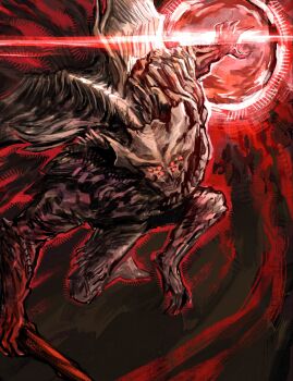 Rule 34 | 1boy, artist name, body horror, claws, commentary, elden ring, elden ring nightreign, eldritch abomination, energy, english commentary, extra eyes, full body, highres, holding, holding weapon, incoming attack, jumping, monster, monster focus, orb, rashuu, red eyes, simple background, teeth, traitorous straghess (elden ring), weapon, wings