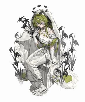 1girl absurdres animal animal_halo black_flower black_halo black_rabbit_(animal) breasts bride cleavage closed_mouth crossed_bangs dress flower full_body gem gloves green_hair grey_eyes hair_between_eyes hair_intakes hair_ornament halo highres holding holding_flower jewelry lily_(flower) lips long_hair looking_at_viewer miao_miao1542010 necklace original pearl_(gemstone) pearl_hair_ornament pearl_necklace rabbit sidelocks sitting solo veil white_background white_dress white_flower white_gloves white_veil