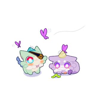 Rule 34 | 1boy, 1girl, anaxa (honkai: star rail), animal, animal ear fluff, animal ears, bug, butterfly, castorice (honkai: star rail), chibi, closed mouth, commentary request, highres, honkai: star rail, honkai (series), insect, multicolored eyes, o fu6, one eye covered, purple eyes, smile, tail, worm