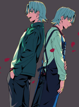 Rule 34 | 2boys, andou loid, apron, back-to-back, black pants, blue apron, closed mouth, commentary request, cowboy shot, dual persona, dutch angle, from side, glasses, green eyes, green jacket, grey background, grey hair, hand on own arm, hands in pockets, jacket, jinzou konchuu kabutoborg vxv, kuroda (kuro yyy), looking at another, looking back, male focus, mini eyewear, multiple boys, open mouth, pants, petals, red petals, rose petals, round eyewear, shirt, short hair, simple background, smile, standing, white shirt