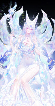 1girl absurdres animal_ear_fluff animal_ears bare_shoulders breasts chinese_commentary cleavage closed_mouth commentary_request covered_navel dress fingernails fox_ears fox_girl grey_hair hand_on_own_chest highres holding holding_staff jianshu kitsune kyuubi large_breasts long_hair looking_at_viewer multiple_tails nail_polish original purple_eyes purple_nails see-through_clothes see-through_dress sitting smile solo staff tail white_dress