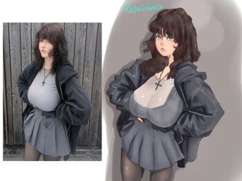 blue_eyes breasts curvy huge_breasts real_life repaintherethicc skirt wide_sleeves