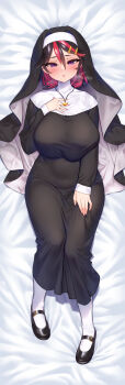 1girl absurdres ariduka_formica bed_sheet black_coif black_dress black_hair black_shoes black_veil blush breasts coif dakimakura_(medium) dress full_body guimpe hair_between_eyes hand_on_own_chest hands_on_own_thighs headpiece heart heart_necklace heart_pendant highres huge_breasts indie_virtual_youtuber jewelry large_breasts long_dress long_skirt long_sleeves looking_at_viewer lying medium_hair multicolored_hair necklace nun ogre_(illustogre) on_back open_mouth oppai_loli pink_hair second-party_source shoes skirt solo steaming_body taut_clothes taut_skirt traditional_nun veil virtual_ant_channel virtual_youtuber