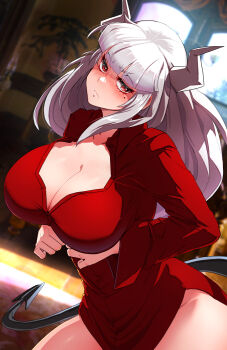1girl bottomless breasts demon demon_girl demon_horns demon_tail fujioka_yatsufusa helltaker highres horns large_breasts long_hair looking_at_viewer lucifer_(helltaker) mole mole_under_eye red_eyes red_shirt shirt standing tail thighs white_hair white_horns