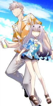 1boy 1girl black_shorts blue_shirt blue_sky breasts choker cup fate/grand_order fate_(series) floral_print forked_eyebrows full_body gradient_hair grey_hair hawaiian_shirt highres long_hair looking_at_viewer melusine_(fate) multicolored_hair orange_shirt percival_(fate) sandals shirt short_hair short_shorts short_sleeves shorts sidelocks sky small_breasts yellow_eyes yubeshi_(zecxl)