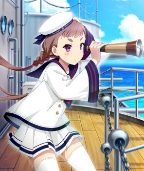 Rule 34 | 1girl, blue sailor collar, blue sky, blush stickers, braid, buttons, chain, cloud, cowboy shot, day, game cg, hand on own head, hat, holding, holding telescope, horizon, industrial pipe, long hair, long sleeves, looking at viewer, low twintails, matsunaga erina, ocean, official art, parted lips, purple eyes, purple pupils, railing, sailor, sailor collar, sailor hat, sailor shirt, ship, shirt, short eyebrows, skirt, sky, solo, squatting, teeth, telescope, thick eyebrows, thighhighs, third-party source, tilted headwear, toji no miko, toji no miko: kizamishi issen no tomoshibi, twintails, watercraft, white hat, white shirt, white skirt, white thighhighs, wide sleeves, zettai ryouiki