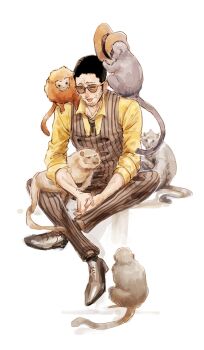 1boy 6cheetah absurdres animal animal_on_shoulder baboon black_hair black_necktie commentary_request hat highres holding holding_unworn_clothes holding_unworn_hat kizaru_(one_piece) korean_commentary male_focus monkey necktie one_piece open_mouth shirt short_hair sitting smile sunglasses unworn_hat unworn_headwear white_background yellow_shirt