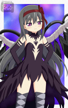 Rule 34 | 1girl, akemi homura, akuma homura, argyle clothes, argyle thighhighs, bare shoulders, black collar, black dress, black feathers, black hair, black sleeves, bow, breasts, closed mouth, collar, commentary request, detached collar, detached sleeves, dress, feathered wings, feathers, feet out of frame, hair bow, hair ribbon, hand on own hip, highres, ikemaziro, long hair, looking at viewer, purple background, purple sleeves, red bow, red ribbon, ribbon, small breasts, solo, standing, wings