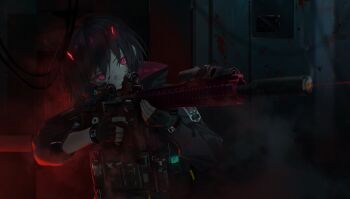 1girl assault_rifle bad_tag black_gloves black_hair black_jacket blood blood_on_face casing_ejection cross fingerless_gloves firing gloves glowing glowing_eyes glowing_horns gun helmet high_collar highres holding holding_gun holding_weapon horns indoors jacket laser laser_sight load_bearing_vest looking_ahead military_operator nilzynox original patch pink_eyes pouch red_horns rifle scope shell_casing short_hair shoulder_patch solo suppressor upper_body walkie-talkie weapon weapon_request