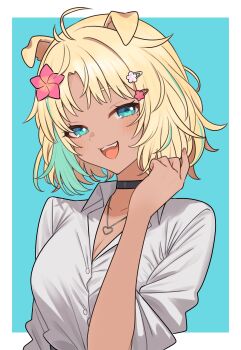 1girl absurdres animal_ear_fluff animal_ears aqua_eyes aqua_streaks artist_request black_choker blonde_hair blue_background border breasts choker choppy_bangs cleavage collared_shirt commentary_request dog_ears dog_girl flower hair_flower hair_ornament hairclip hand_up heart heart_necklace highres indie_virtual_youtuber jewelry looking_at_viewer medium_breasts mole mole_under_eye mona_meria multicolored_hair necklace open_mouth outline outside_border parallel_hairclips parted_bangs second-party_source shirt short_hair smile solo streaked_hair upper_body virtual_youtuber white_border white_shirt