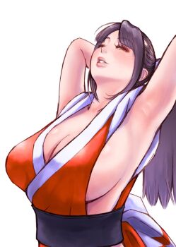 1girl arm_behind_head armpits arms_up black_hair black_sash blush breasts brown_eyes brown_hair cleavage commentary delarocha82 fatal_fury high_ponytail highres japanese_clothes large_breasts lips long_hair ninja one_eye_closed parted_lips pink_lips ponytail revealing_clothes sash shiranui_mai sideboob snk solo stretching the_king_of_fighters upper_body white_background