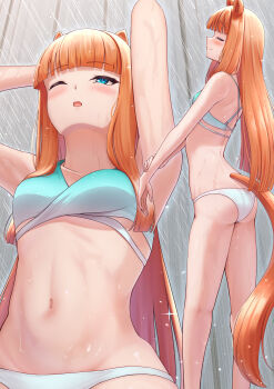 1girl absurdres animal_ears aqua_bikini aqua_eyes arms_up arugou ass bikini blunt_ends breasts closed_mouth commentary_request commission from_side highres horse_ears horse_girl horse_tail kneepits long_hair median_furrow multiple_views navel one_eye_closed open_mouth orange_hair showering silence_suzuka_(emerald_on_the_waves)_(umamusume) silence_suzuka_(umamusume) skeb_commission small_breasts standing stomach swimsuit tail umamusume very_long_hair