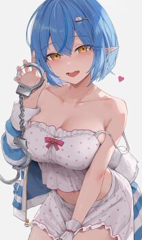 1girl :d blue_hair bob_cut breasts camisole collarbone commentary_request crossed_bangs cuffs double-parted_bangs fang frilled_camisole frilled_skirt frills fur-trimmed_jacket fur_trim hair_between_eyes hand_up handcuffs heart highres holding holding_handcuffs hololive jacket jacket_partially_removed kaguya_(srx61800) large_breasts looking_at_viewer official_alternate_costume official_alternate_hair_length official_alternate_hairstyle open_mouth partially_unzipped pointy_ears polka_dot polka_dot_camisole polka_dot_skirt short_hair simple_background skin_fang skirt smile solo strap_slip striped_clothes striped_jacket virtual_youtuber white_background white_camisole white_skirt wrist_cuffs yellow_eyes yukihana_lamy yukihana_lamy_(roomwear)