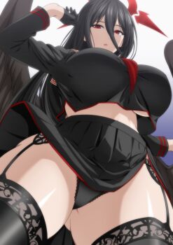 1girl black_garter_straps black_gloves black_hair black_panties black_skirt black_thighhighs blue_archive from_below garter_straps gloves gradient_background hair_between_eyes half_gloves halo hasumi_(blue_archive) highres long_hair long_sleeves looking_at_viewer looking_down makiri_akira mole mole_under_eye panties parted_lips red_eyes skirt solo thighhighs thighs underwear