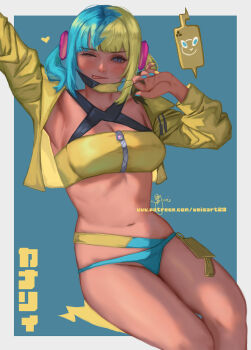 1girl aqua_hair bandeau bikini black_mask blonde_hair blue_bikini blue_eyes blush breasts canari_(pokemon) criss-cross_straps dark-skinned_female dark_skin gen_4_pokemon heart highres jacket large_breasts long_sleeves looking_at_viewer mask mask_pull mega_stone mouth_mask multicolored_hair multicolored_nails navel nintendo one_eye_closed pokemon pokemon_legends:_z-a rotom rotom_phone short_twintails smile split-color_hair sports_bra stomach swimsuit tongue tongue_out twintails two-tone_hair two-tone_mask wei_(promise_0820) yellow_bandeau yellow_jacket yellow_mask yellow_sports_bra