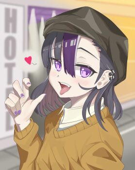 1girl absurdres black_hair blush breasts brown_sweater collared_shirt ear_piercing goddess_of_victory:_nikke hat heart highres mole mole_under_eye multicolored_hair nail_polish nanjoyoshino olo piercing purple_eyes purple_hair purple_nails shirt short_hair small_breasts streaked_hair sweater syuen_(nikke) tongue tongue_out